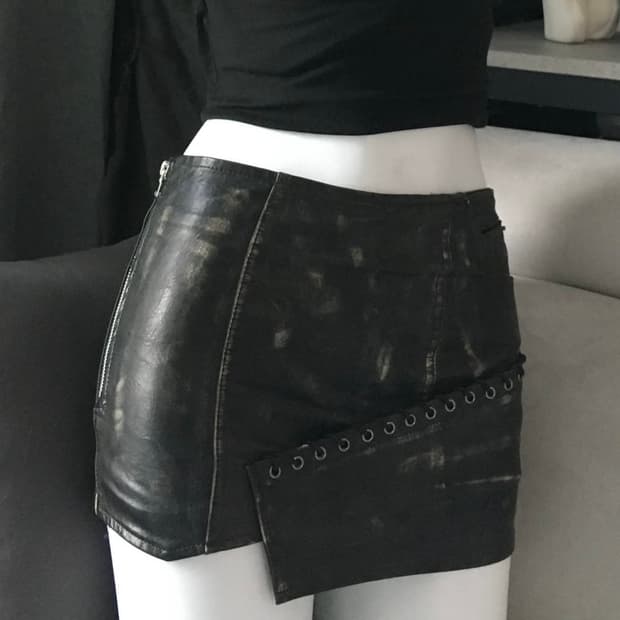 vintage 레더 가죽 아이홀 왁스 포인트 로우라이즈 sk