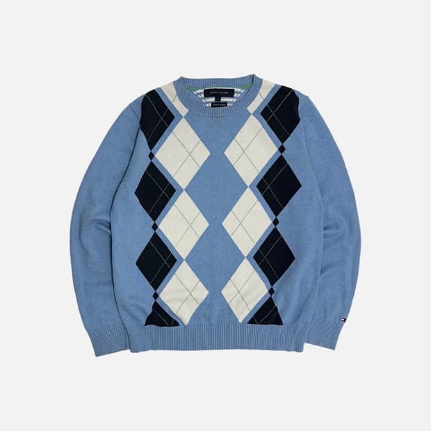 타미힐피거 하늘색 아가일 니트