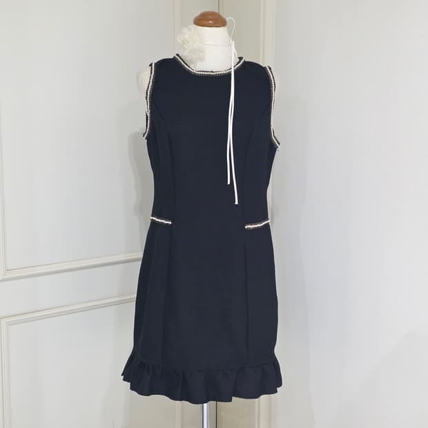 shein 빈티지)고딕 로맨틱 진주 블랙 프릴 트위드 민소매원피스 하객룩