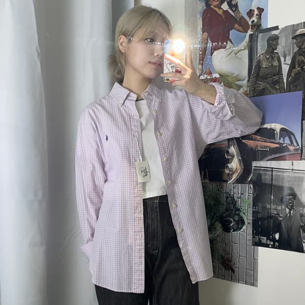 폴로 핑크 블루 체크 클래식핏 셔츠 M