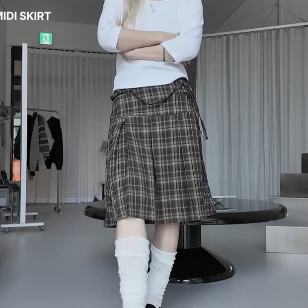 팬시클럽 체크 미디스커트 