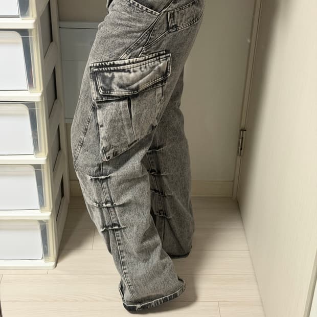 Washed Gray Denim Cargo Pants