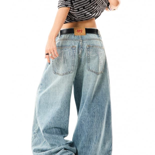 YOUNG STAGE Rhinestone Hip Crack Jeans