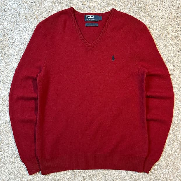 폴로 랄프로렌 네이비포니 램스울 브이넥 니트 레드
