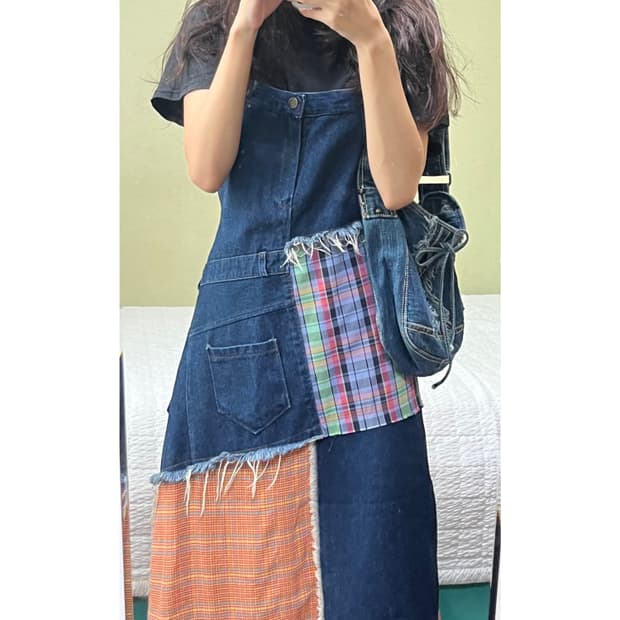 빈티지 데님 멜빵 패치 원피스 롱원피스