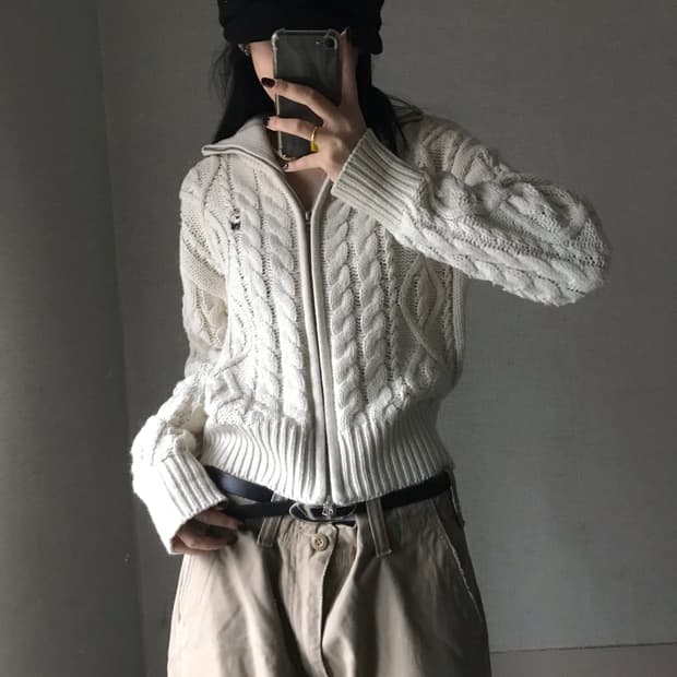 후아유 아이보리 케이블 니트집업