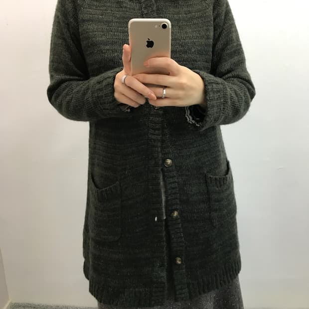 포인트 니트 후드 롱 가디건