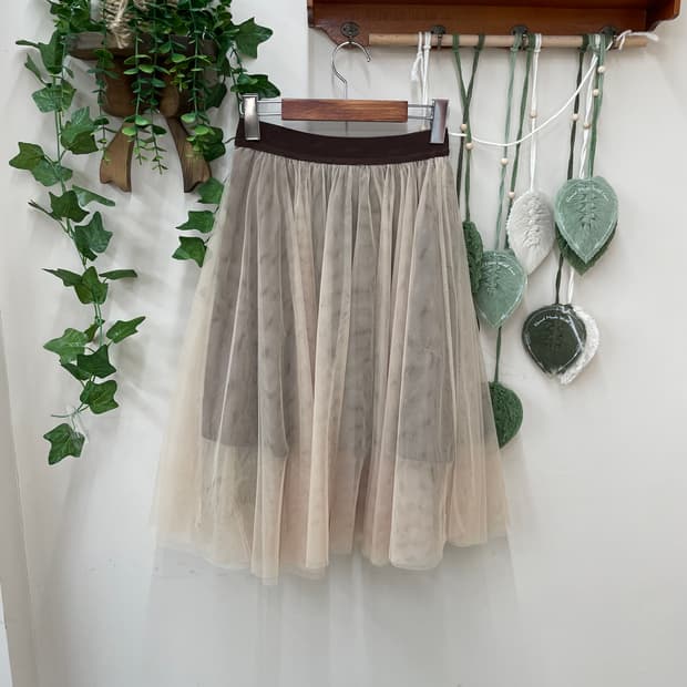 쉬폰 풀밴딩 브라운 샤 미디 스커트