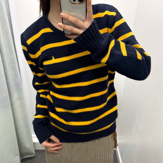 폴로 옐로우 네이비 스트라이프 니트