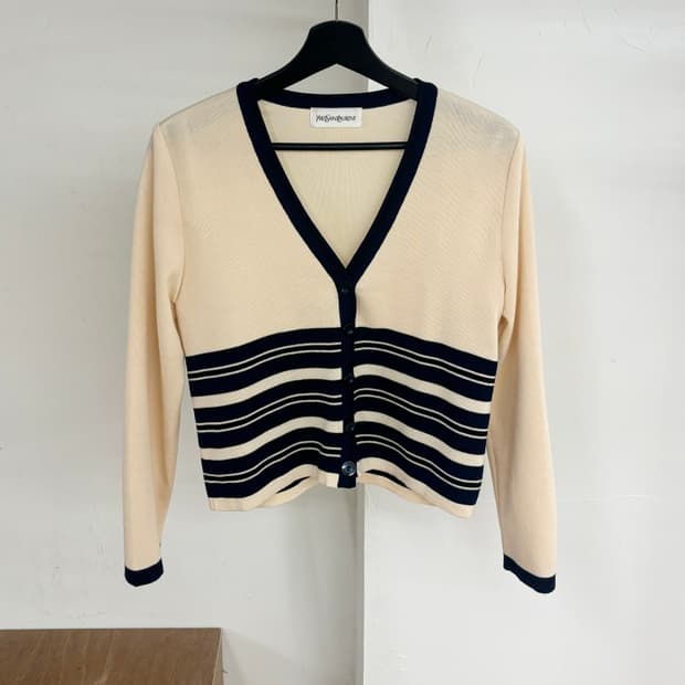 이브 생 로랑 아이보리 스트라이프 니트 가디건