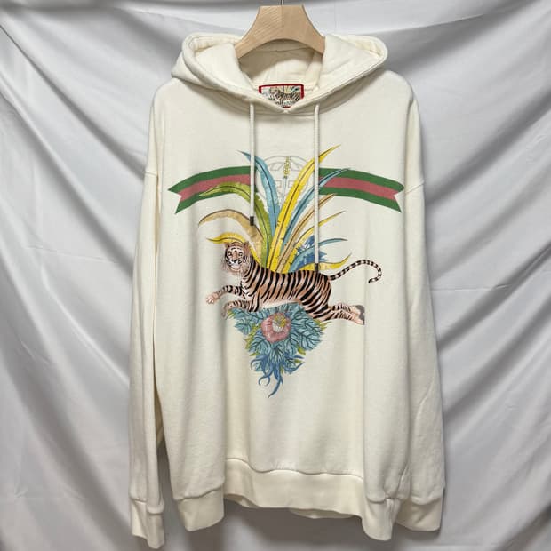 [S+급/XL] 구찌 GG삼선웹 타이거 프린팅 후드티 아이보리