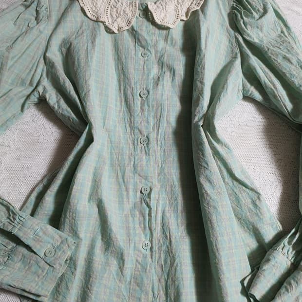 [빈티지] 레이스 카라 블라우스 민트 체크