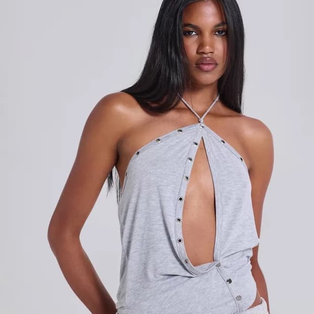 GREY MARL EYELET DRAPED TOP