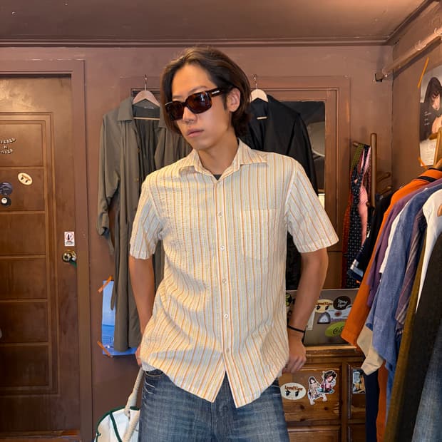 BURBERRY 버버리 옐로 스트라이프 시어서커 반팔 셔츠
