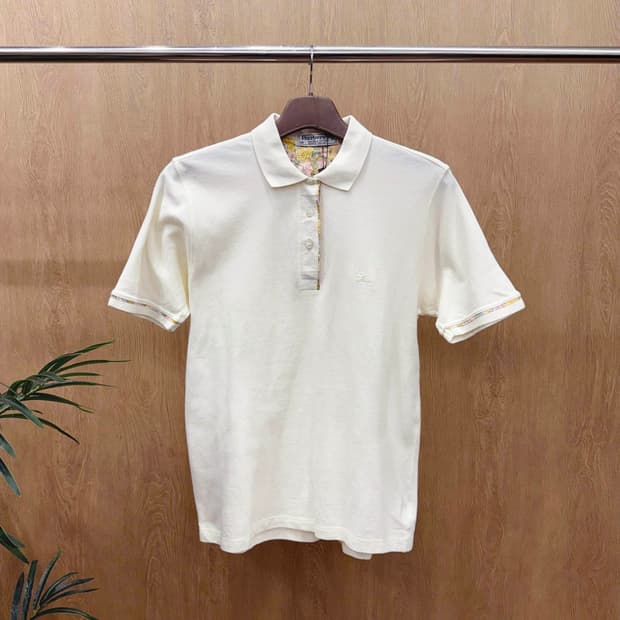 버버리 90'S 클래식 카라 반팔 티셔츠 플로럴 체크 디테일 아이보리