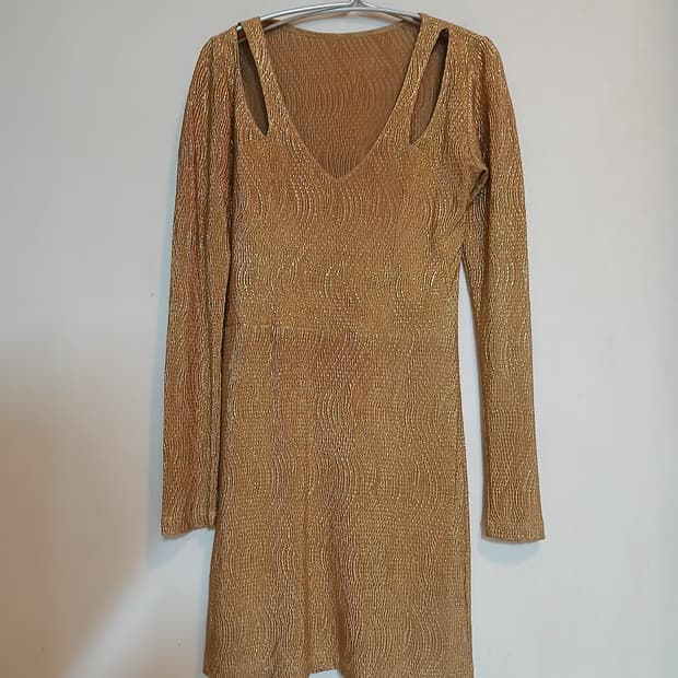 고급 골드 메탈릭 슬리브 셔링 원피스 섹시 드레스 홀복 파티 클럽 신축성