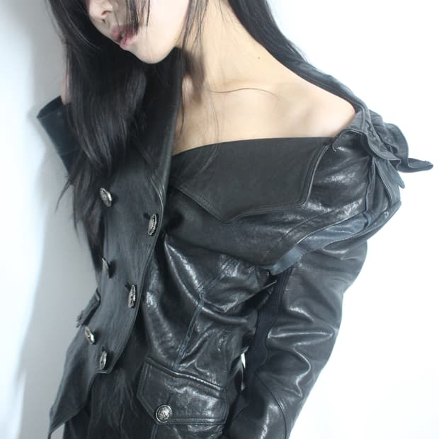 Antique frill trench leather jacket