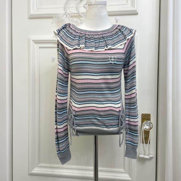 gray rainbow stripe ruffle knit top