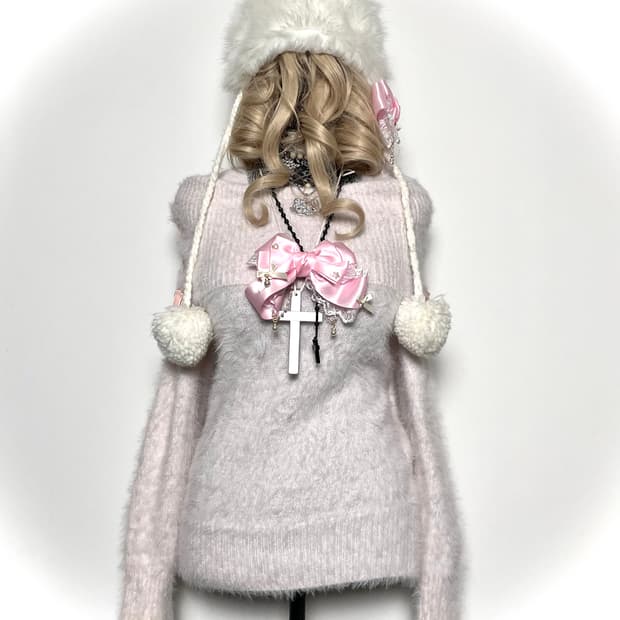 jpn 히메갸루 핑크 퍼 아일렛 리본 오프숄더 니트