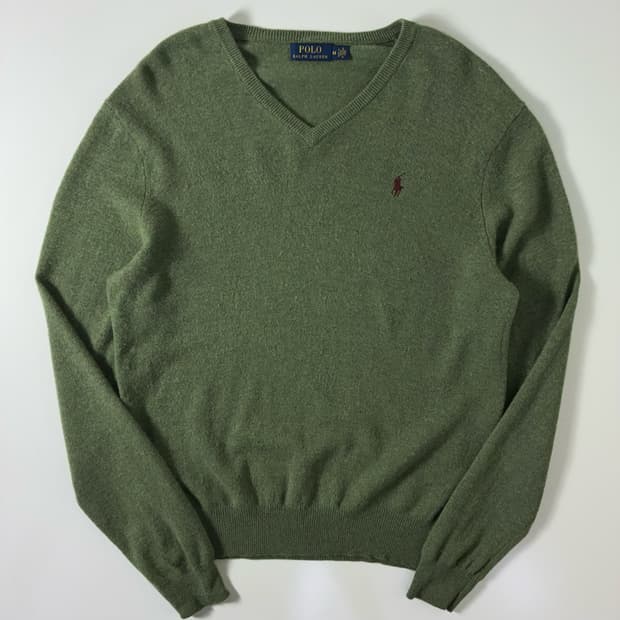 Polo  폴로 랄프로렌 자수 울 올리브 브이넥 니트 