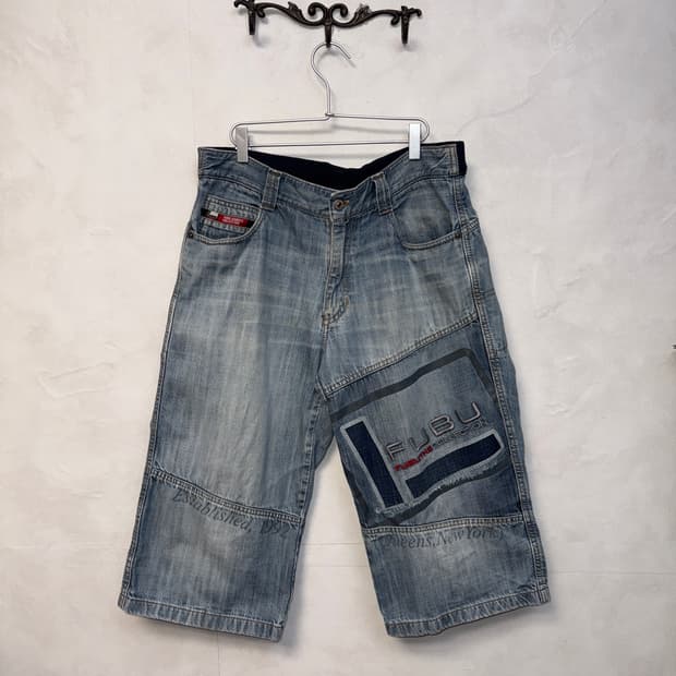 FUBU denim logo lettering patch bermuda 