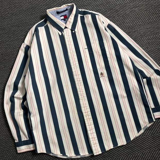 90s 타미힐피거 스트라이프 월계관 긴팔 셔츠y 4272