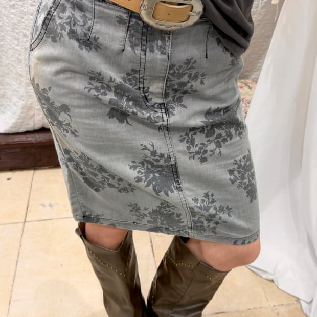 Summer flower midi denim skirt