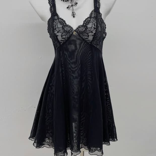 추구미빈티지 블랙 레이스 슬립 미니 원피스 빈티지슬립 오네갸루 미사깔