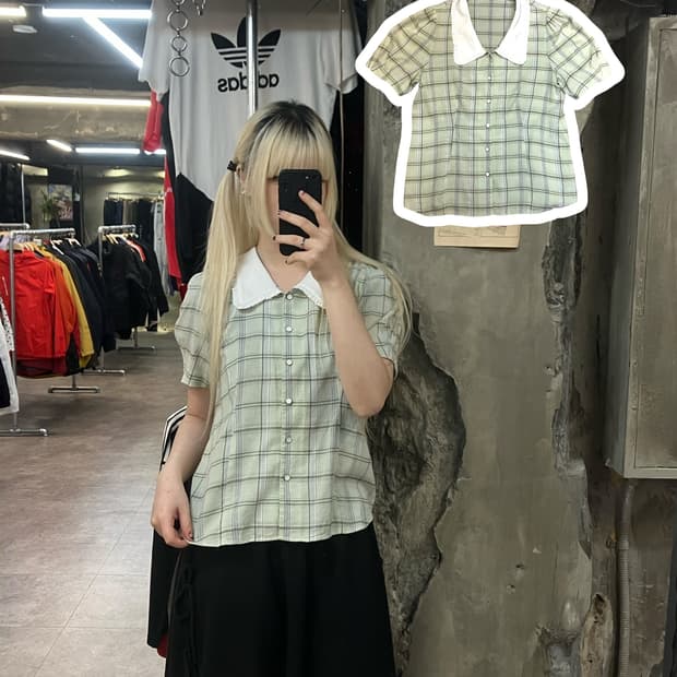 빈티지 체크 카라 블라우스 그린 M-L #csz2122