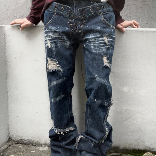 2000s Lowbox lace-up 그런지 부츠컷 데님팬츠