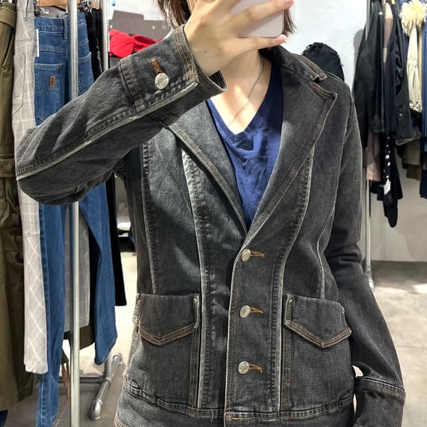 일본 빈티지 흑청 데님 블레이저 자켓