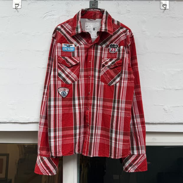 Japanese Vintage 웨스턴 카우보이 카라 와이어 체크셔츠 L