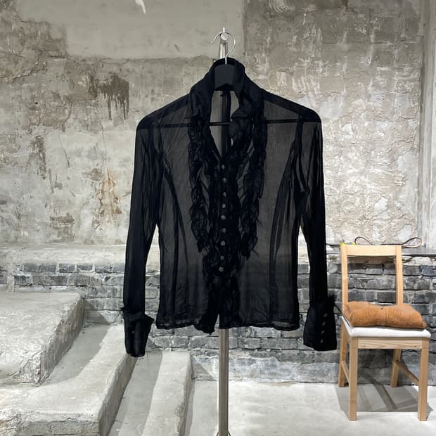 vereje 블랙 레이스 펄 시스루 셔츠