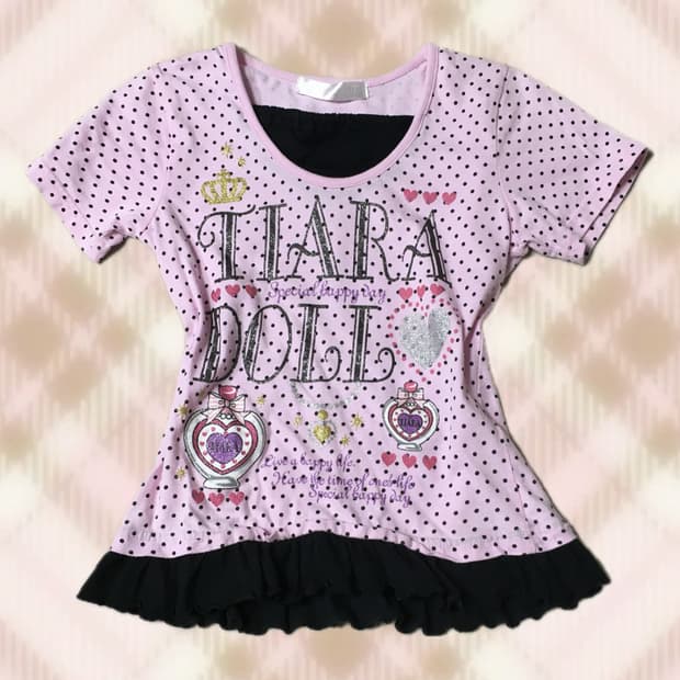 트랄라라 핑크 블랙 도트 땡땡이 레이어드 반팔 탑 갸루 히메 러블리 로걀