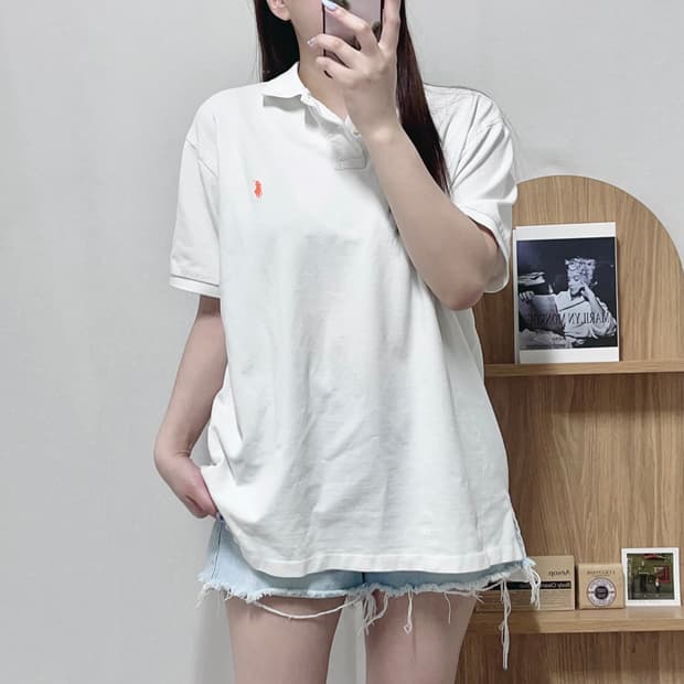 [정품] 폴로 화이트 / 형광오렌지포니 반팔카라티 [ XL ]