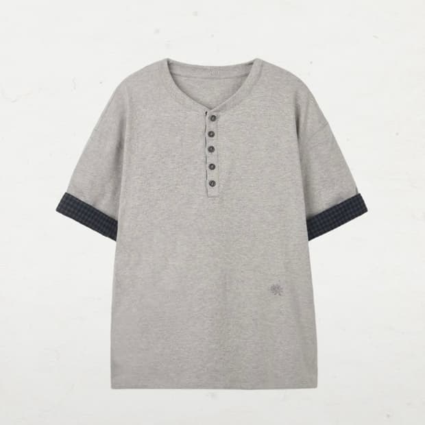 단델 DD check roll-up henley neck tee