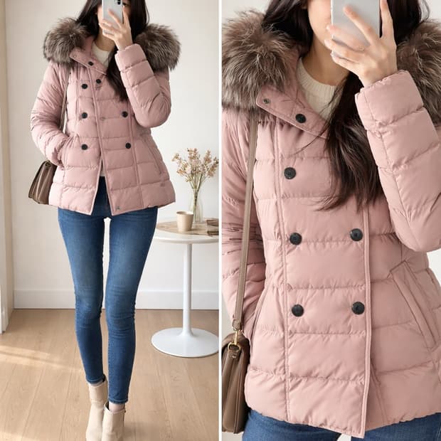 마리나요팅 여성 패딩/더스티핑크/천연여우퍼/오버핏/상태좋음