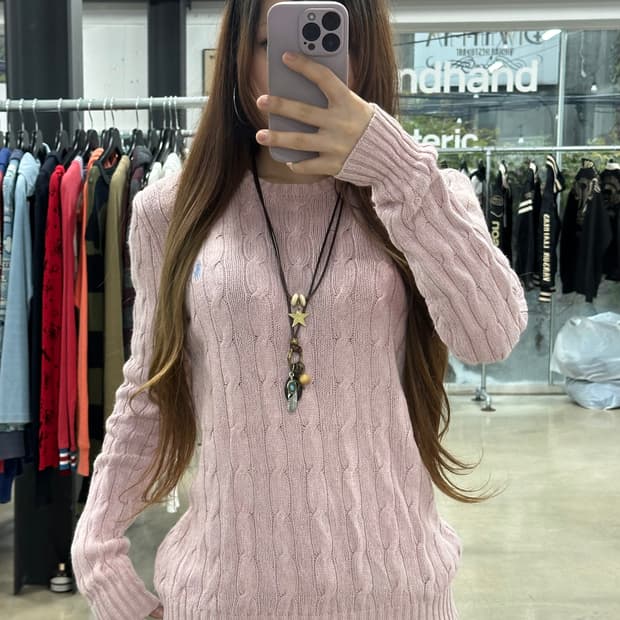 폴로랄프로렌 핑크워시드 꽈배기 니트