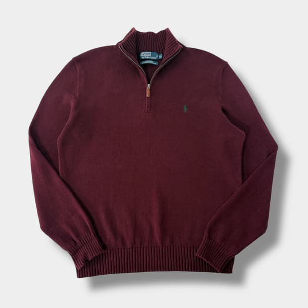 폴로 랄프로렌 루즈핏 딥버건디 코튼 하프집 니트
