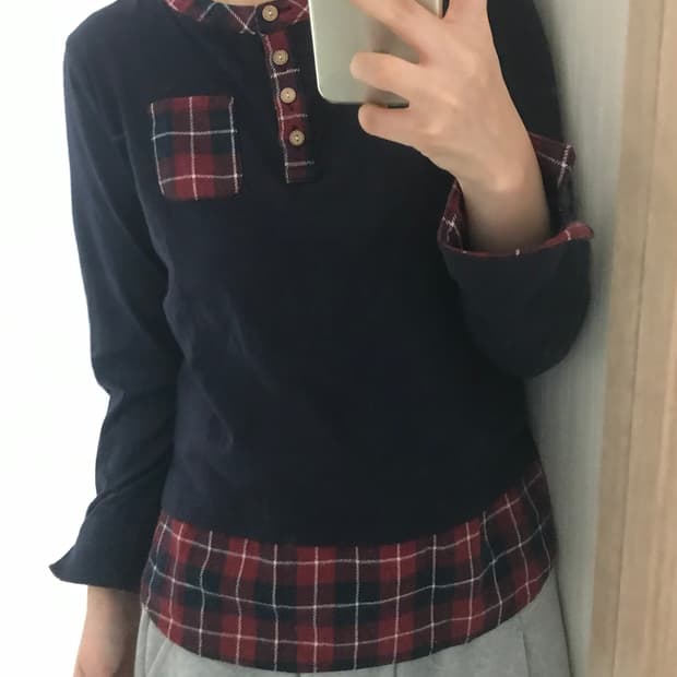 일본빈티지 체크 레이어드 포켓 단추 디테일 롱슬리브