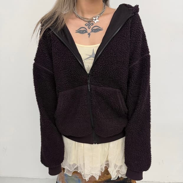 마우지 딥 퍼플 뽀글이 후드 집업