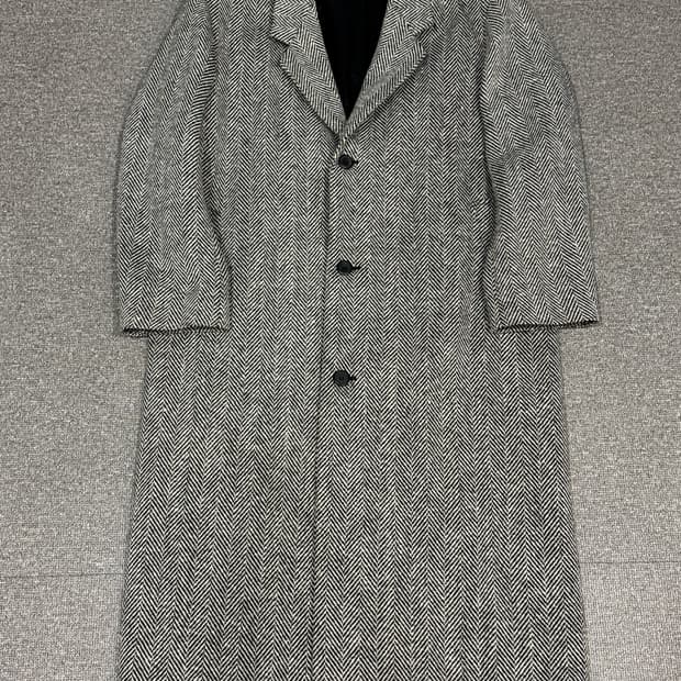 재패니즈 빈티지 헤링본 울 오버패드 롱 코트 L