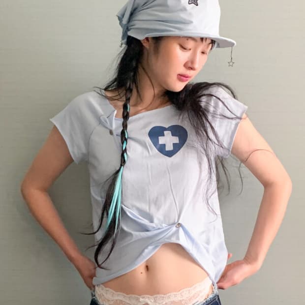 button up zodiac half T-shirt sky blue