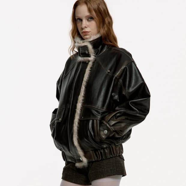 러프넥 워싱 레더 무스탕 자켓