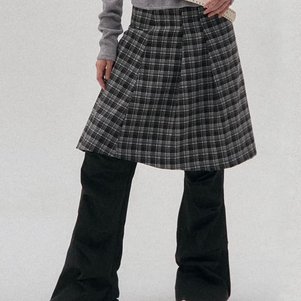 더블 버튼 체크 미디 레이어드 랩 플리츠 스커트 체크