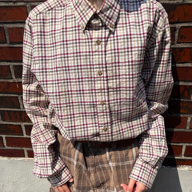 Eddie Bauer 베이지 버건디 체크 셔츠