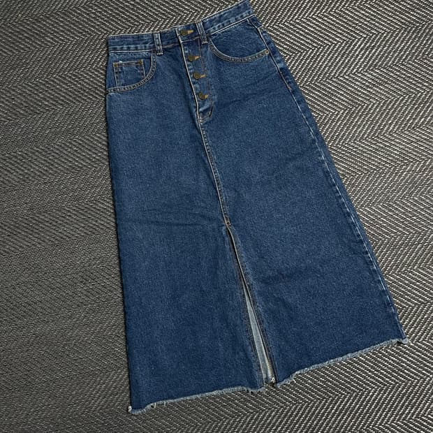 빈티지 버튼 디테일 워싱 데님 절개 미디 스커트y 5144