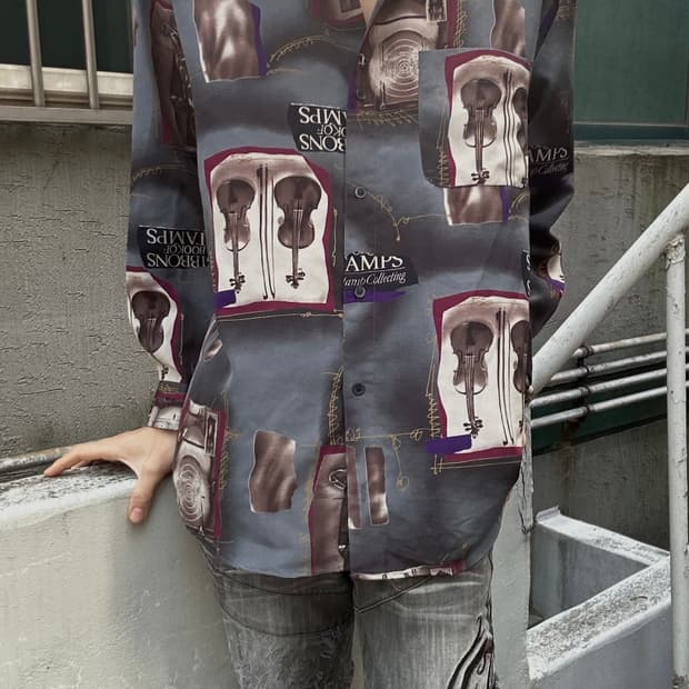 1990s royal honey 악기 레트로 프린팅 셔츠