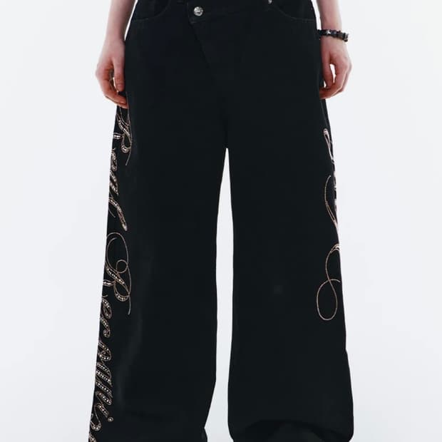 YEEL SIDE CUBIC DENIM PANTS BLACK