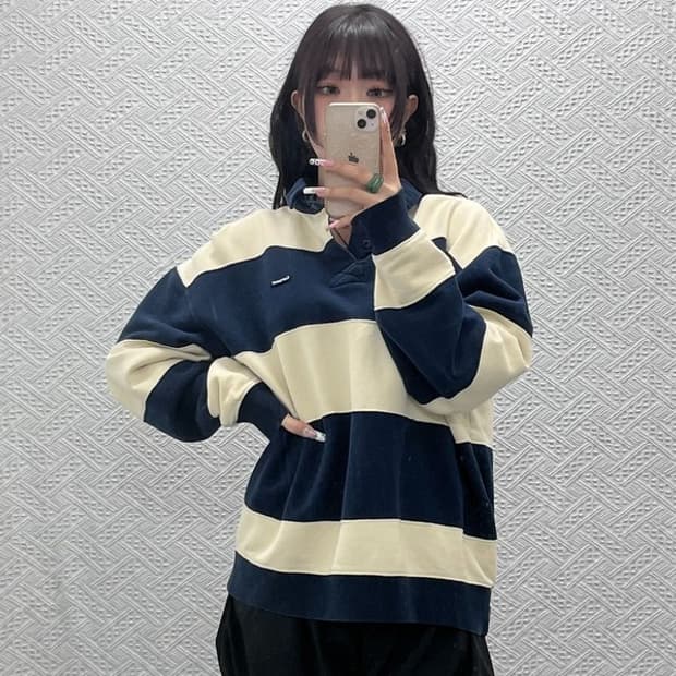 커버낫 레트로 볼드 스트라이프 럭비 카라 롱슬리브 XL C11240